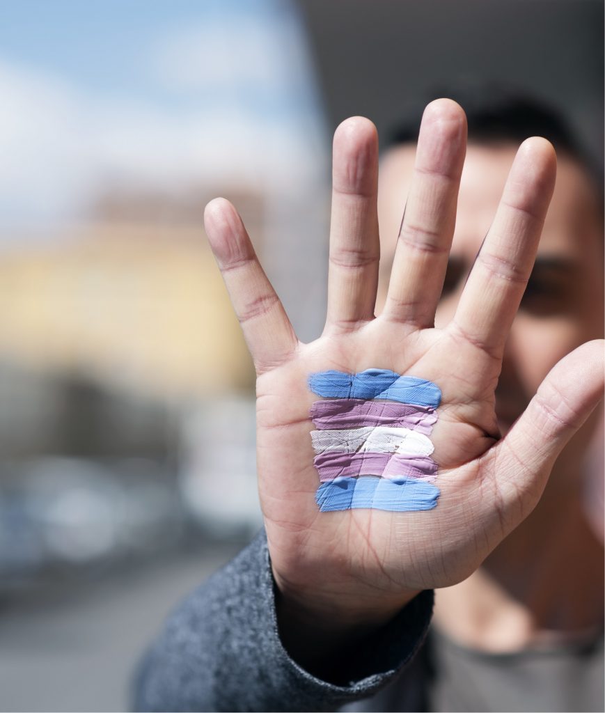 Trans flag painted on a hand
