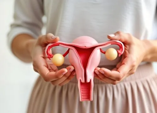 Photo of a woman holding a model of the female reproductive system